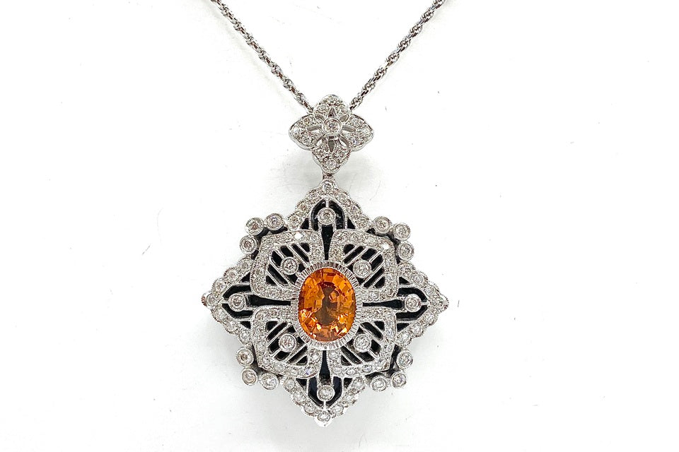 Orange Garnet K18WGオレンジガーネット ダイヤモンド オニキスペンダント兼ブローチ (NO.49898-B)