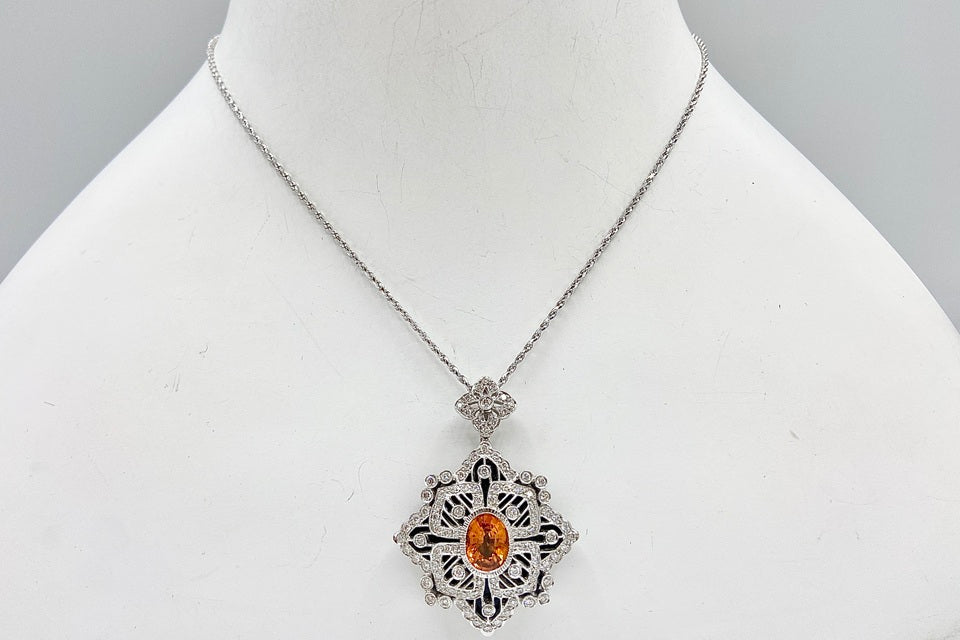 Orange Garnet K18WGオレンジガーネット ダイヤモンド オニキスペンダント兼ブローチ (NO.49898-B)