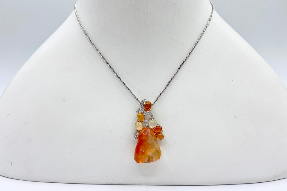 Fire Opal K18/WGファイア/ウォーターオパール ダイヤモンドペンダント (NO.49901-B)