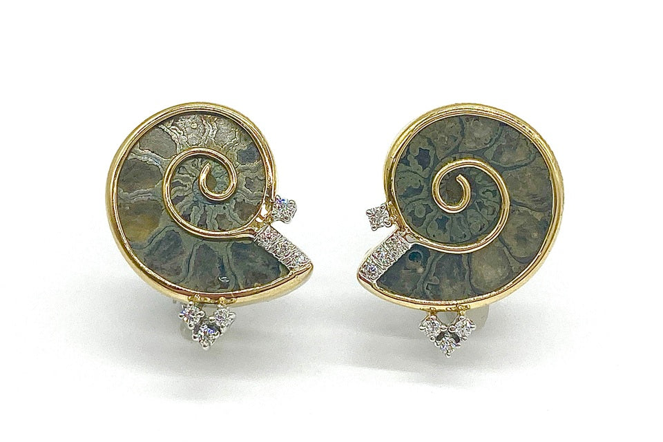 Ammonite K18WG/K14WG(留具)アンモナイト化石 ダイヤモンドイヤリング (NO.50102)