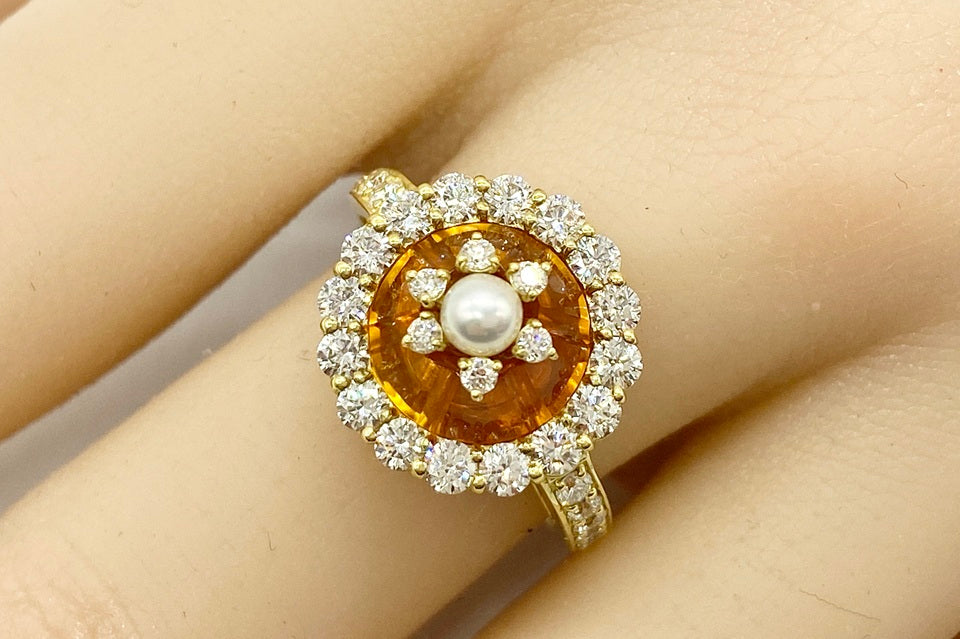 Citrine K18シトリン ダイヤモンド　ベビーパールリング(NO.50223)