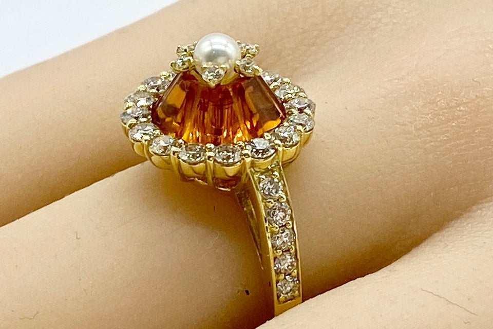 Citrine K18シトリン ダイヤモンド　ベビーパールリング(NO.50223)