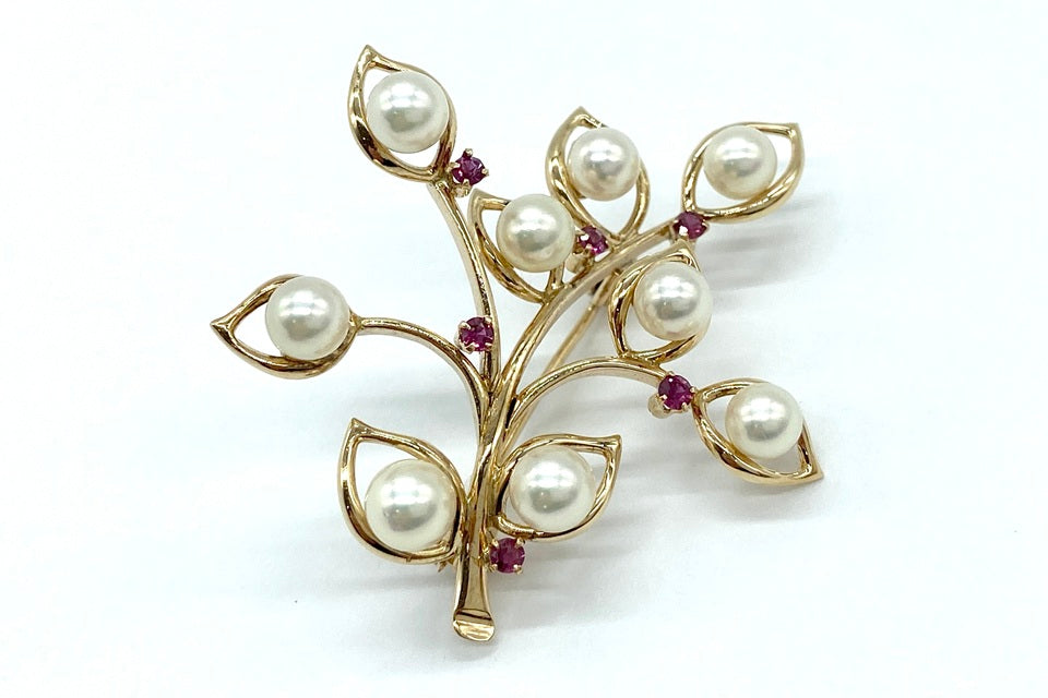 Akoya Pearl K14アコヤパール ルビーブローチ (NO.50285)