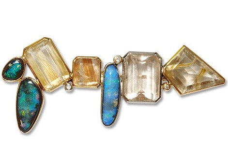 Boulder Opal K18/Pt900ボルダーオパール ルチレーテッドクォーツ ダイヤモンドブローチ (No.303099)