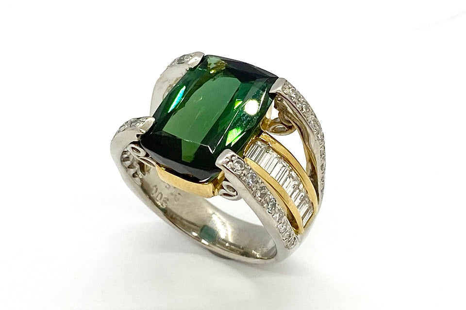 Green Tourmaline Pt900/K18グリーントルマリン ダイヤモンドリング